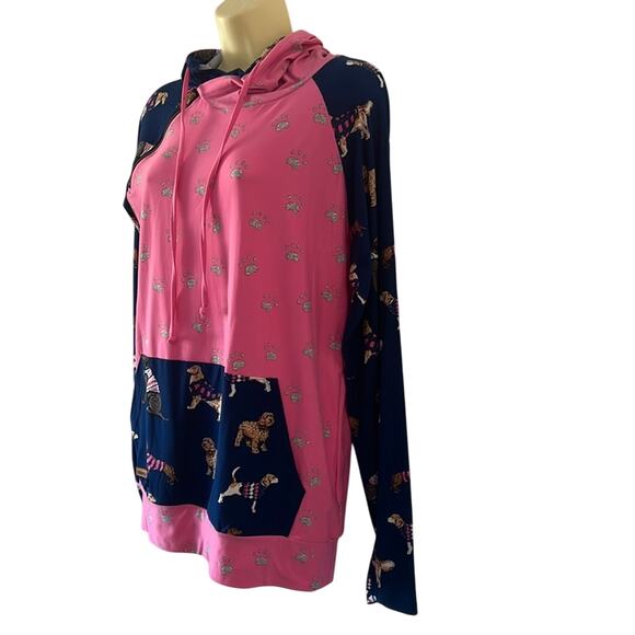 Simply Southern  Dog Print Double Hooded Pullover Top Pink  Woman Size Medium - Picture 2 of 12